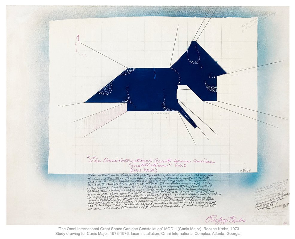 6) TO PURSUE THE animal motif one big step farther, we can look at two of Krebs’s original sketches for his large-scale laser-and-prism environment inside the huge steel, concrete, and glass Omni International complex in Atlanta. This is the very typ
