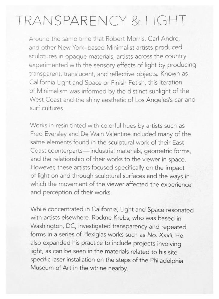 Notations: Minimalism in Motion, Philadelphia Museum of Art, Philadelphia, PA., 2015, exhibition placard.
Photo courtesy of The Philadelphia Museum of Art.