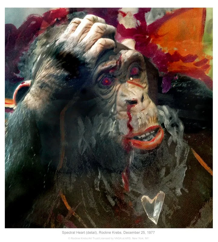 2) Krebs has been a minimalist, an advanced technologist, a conceptualist of sorts, but he is not that only. One melancholy birthday he collages a bleeding ape with sparkling diamond tears.