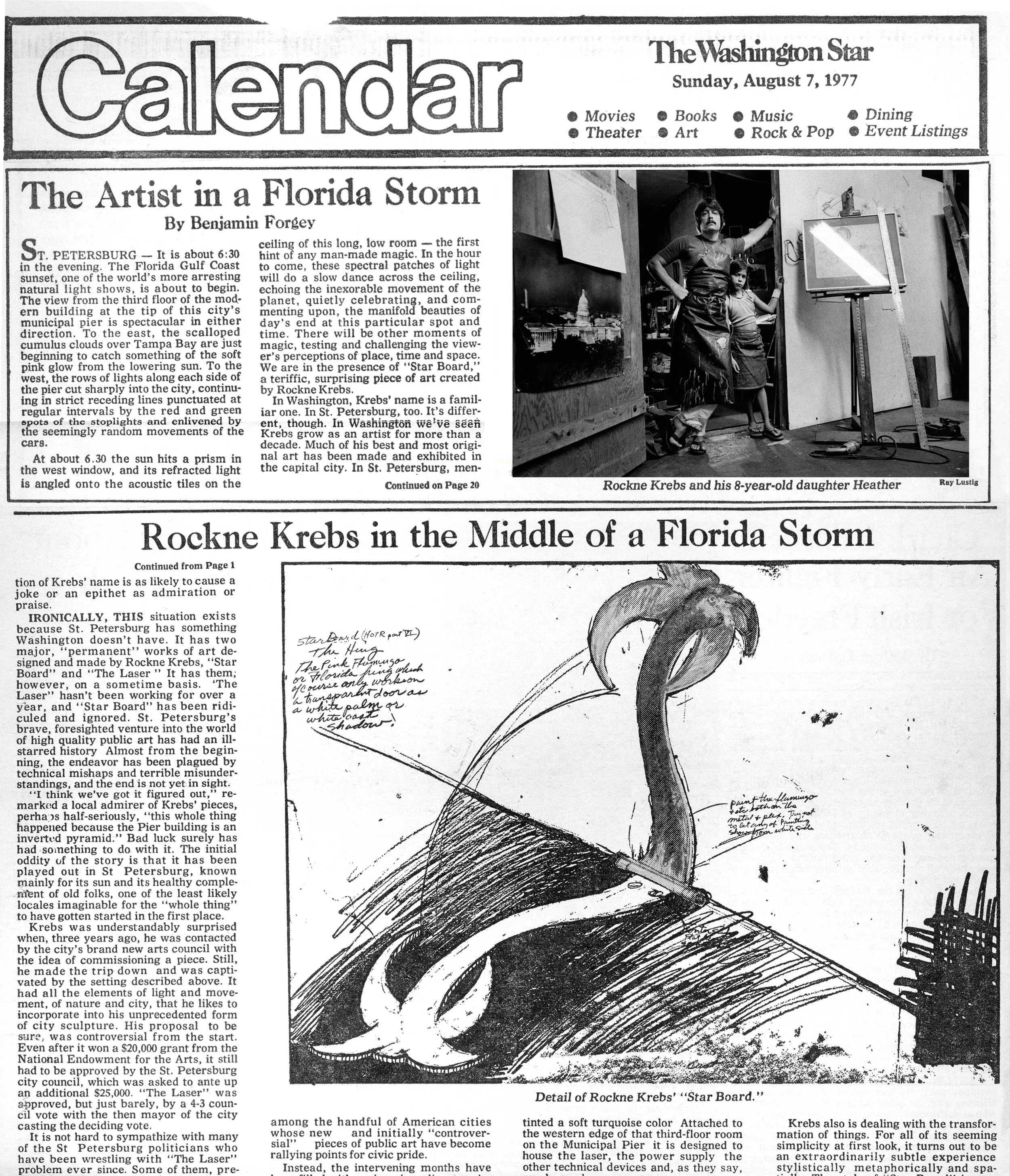 Benjamin Forgey, The Washington Star, August 7, 1977. The Artist in a Florida Storm, Rockne Krebs in the Middle of a Florida Storm, Calendar section p. 1 and pp. 20-21.  

