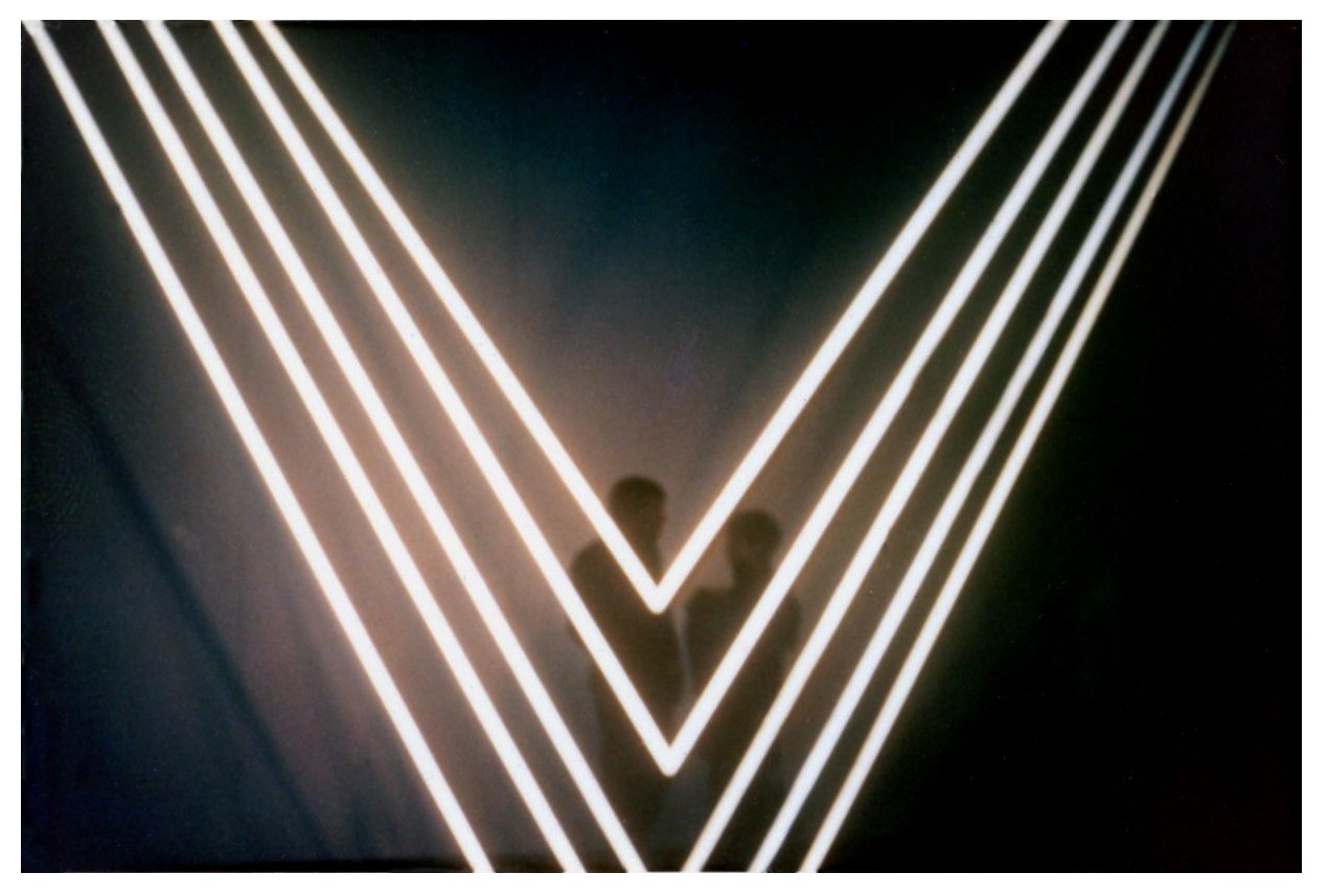 Untitled, 1968. Aluminum and light reflective tape, 154 x 154 x 120". “One is a room-activating composition of aluminum triangles... For the viewer feels as if Krebs has discovered something as monumentally simple as the triangle or the space within