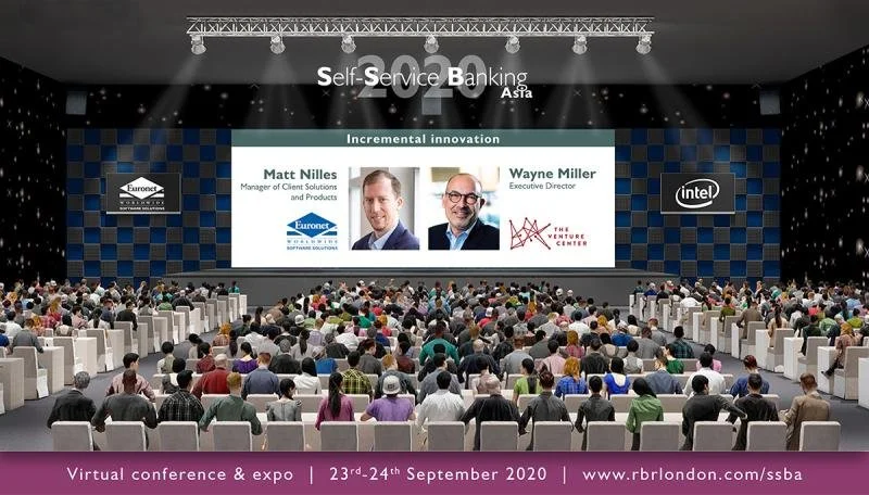 Large audience seated at a virtual conference with a stage displaying speakers and presentations on innovation, held on September 23-24, 2020, organized by rbrlondon.com.