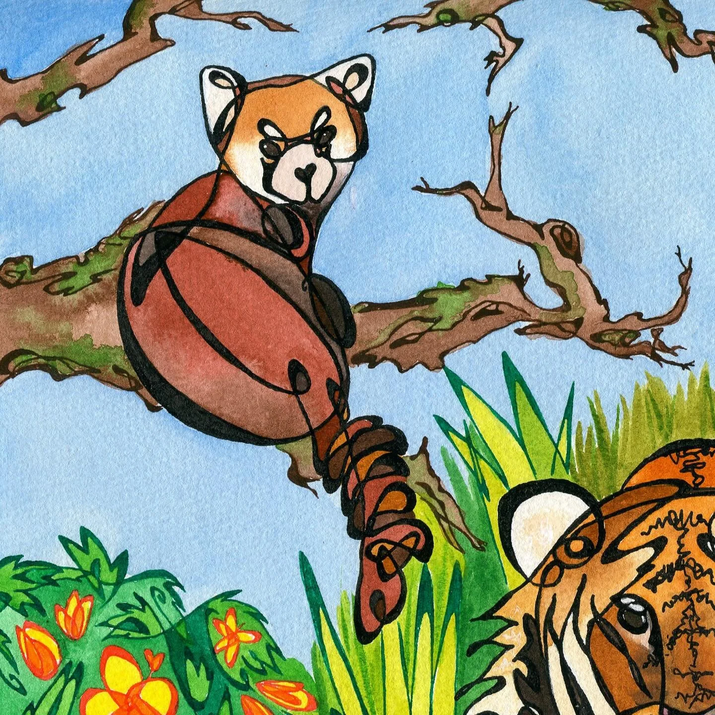 India at the Zoo featuring a red panda, tiger, and peacock. It was made as an entry for an electrical box competition. The big wins in this piece are the red panda line art, the cool leafy tree branches, and the black and white sections of the peacoc