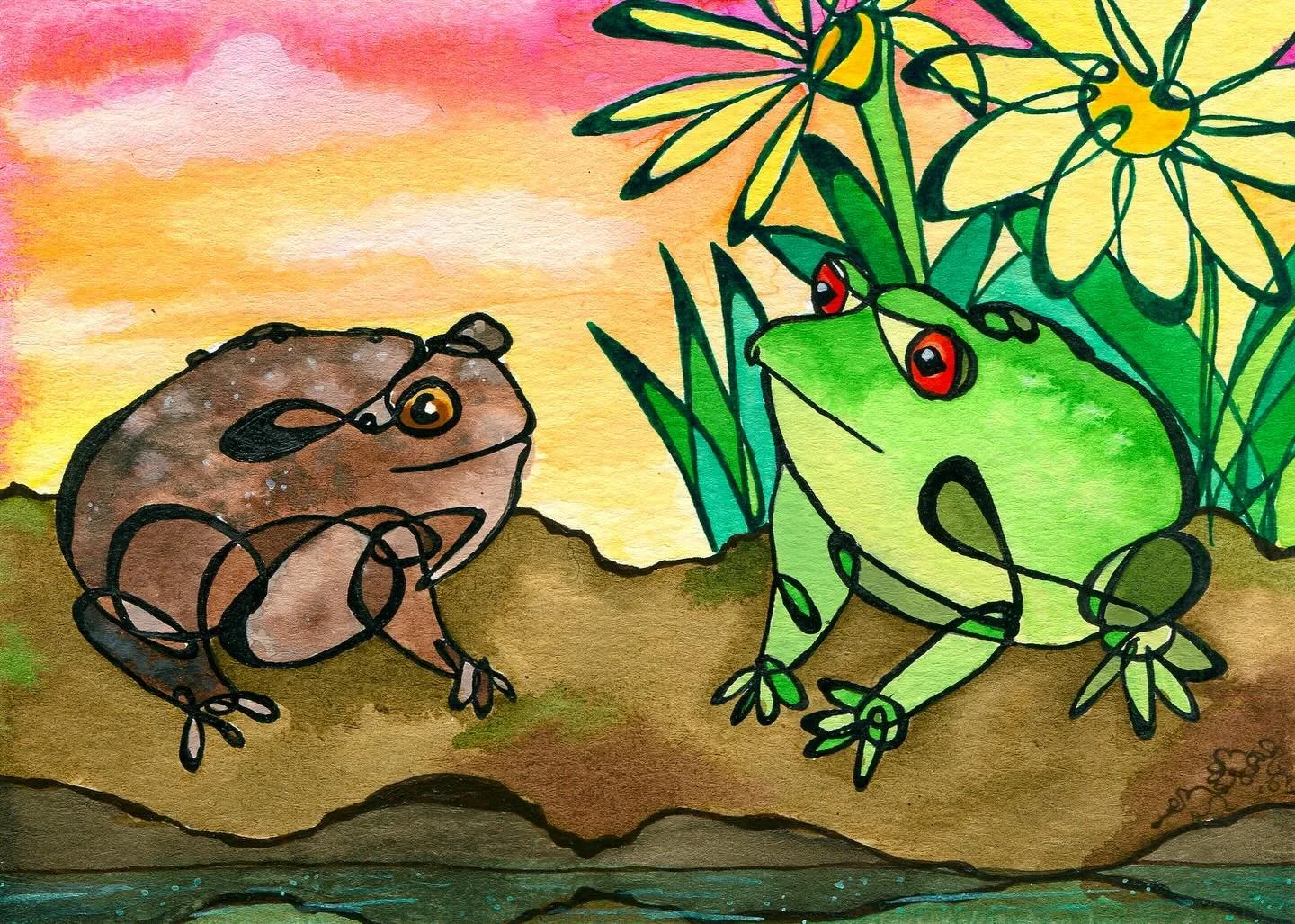 🐸🌼Frog and Toad are Friends!
&ldquo;Dear Toad, I am glad you&rsquo;re my best friend&rdquo;

This painting just turned out fantastic. The lines are simple and communicative, the colors are fun. Toad&rsquo;s lumps and the water below them are nice w