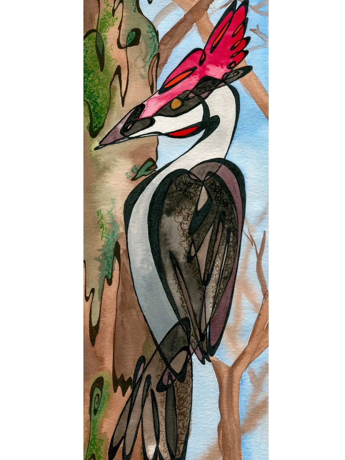 Pileated Woodpecker 🌲🐧
To make things easy to frame and may, I usually stick to standard sizes, but I found a gold frame with gallery glass and a red mat. I painted this guy to fit. 

The line art is drawn with a glass dip pen. The entire work is d