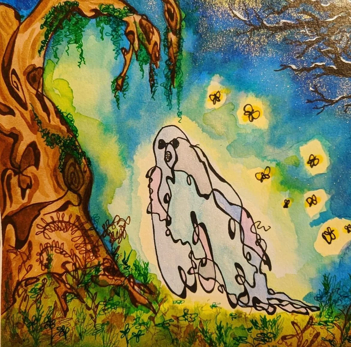 OoOooooooOooooo a spooky ghost in a haunted glen! 

This painting I only have a photograph of. I used so much glitter the scanner was going crazy.

The lines were drawn using a glass dip pen. The majority of the artwork done in India ink, glittery st