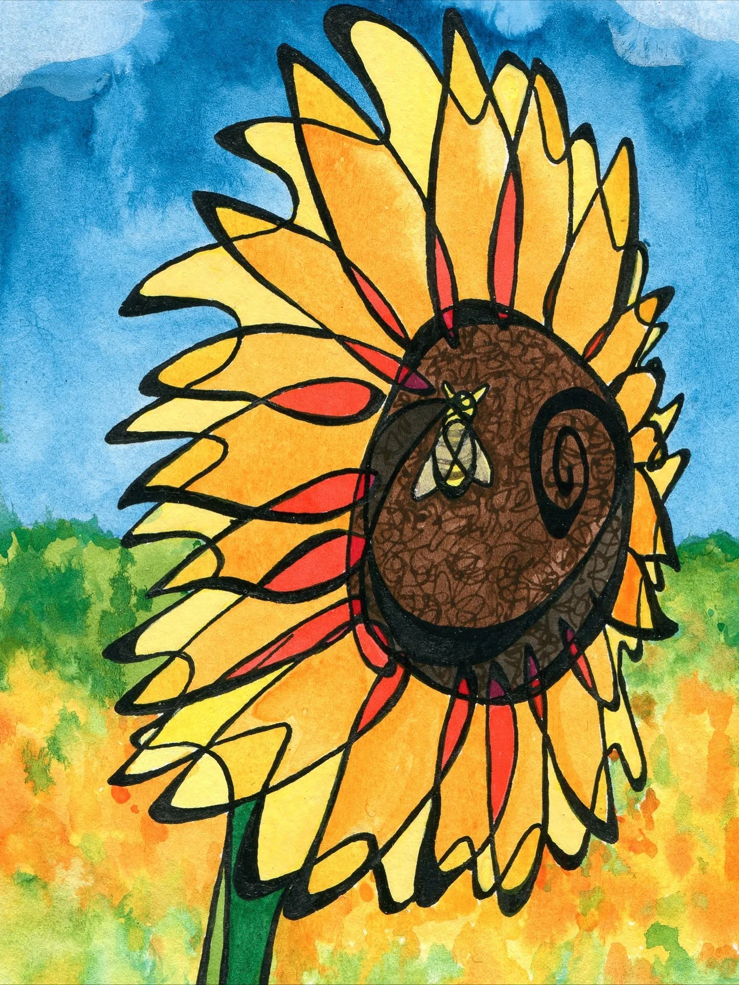 🌻🐝 Sunflower

The yellows and oranges pop so well in front of the green and blue. I like that this painting is basically a spiral that started with the bee and keeps circling around.

Artwork done entirely in India Ink. Drawn in the style of line a
