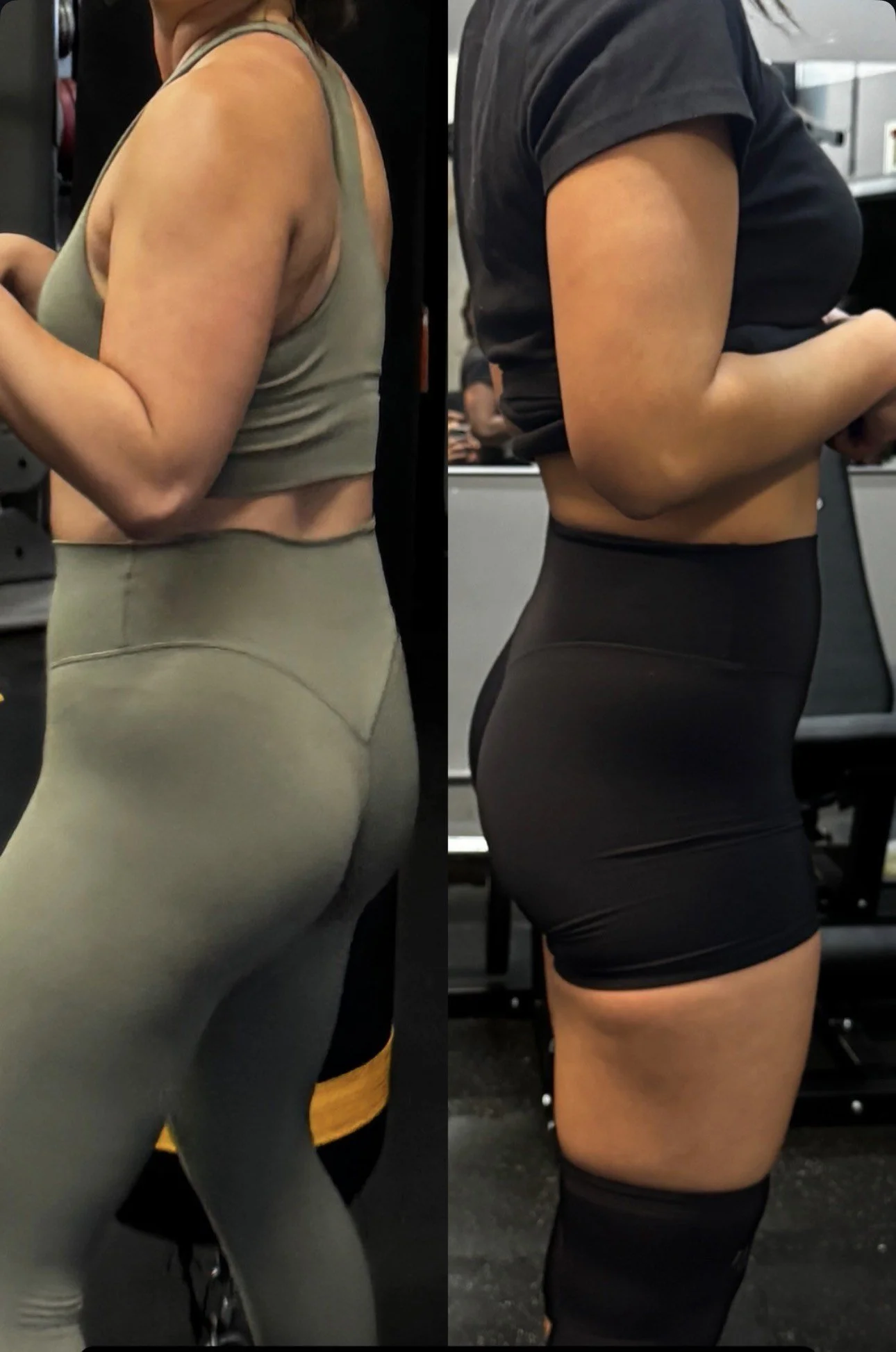 Side view of two women in workout attire, showcasing fitness progress with one in a beige sports bra and leggings, and the other in a black t-shirt and shorts, taken at a gym.