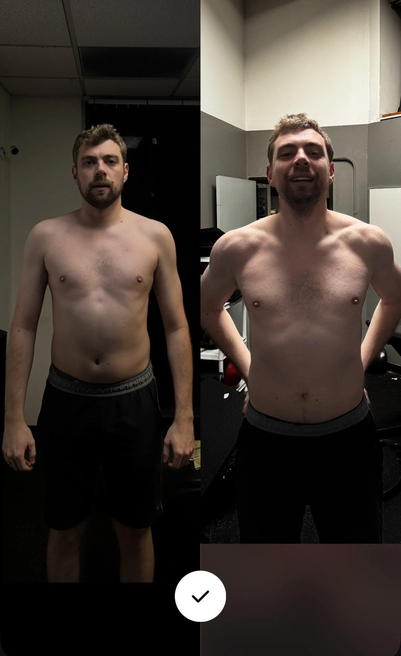 Side-by-side comparison photo of a man shirtless, before and after workout or transformation. The left shows him with a neutral expression, darker room. The right shows him smiling with a more toned physique, brighter background.