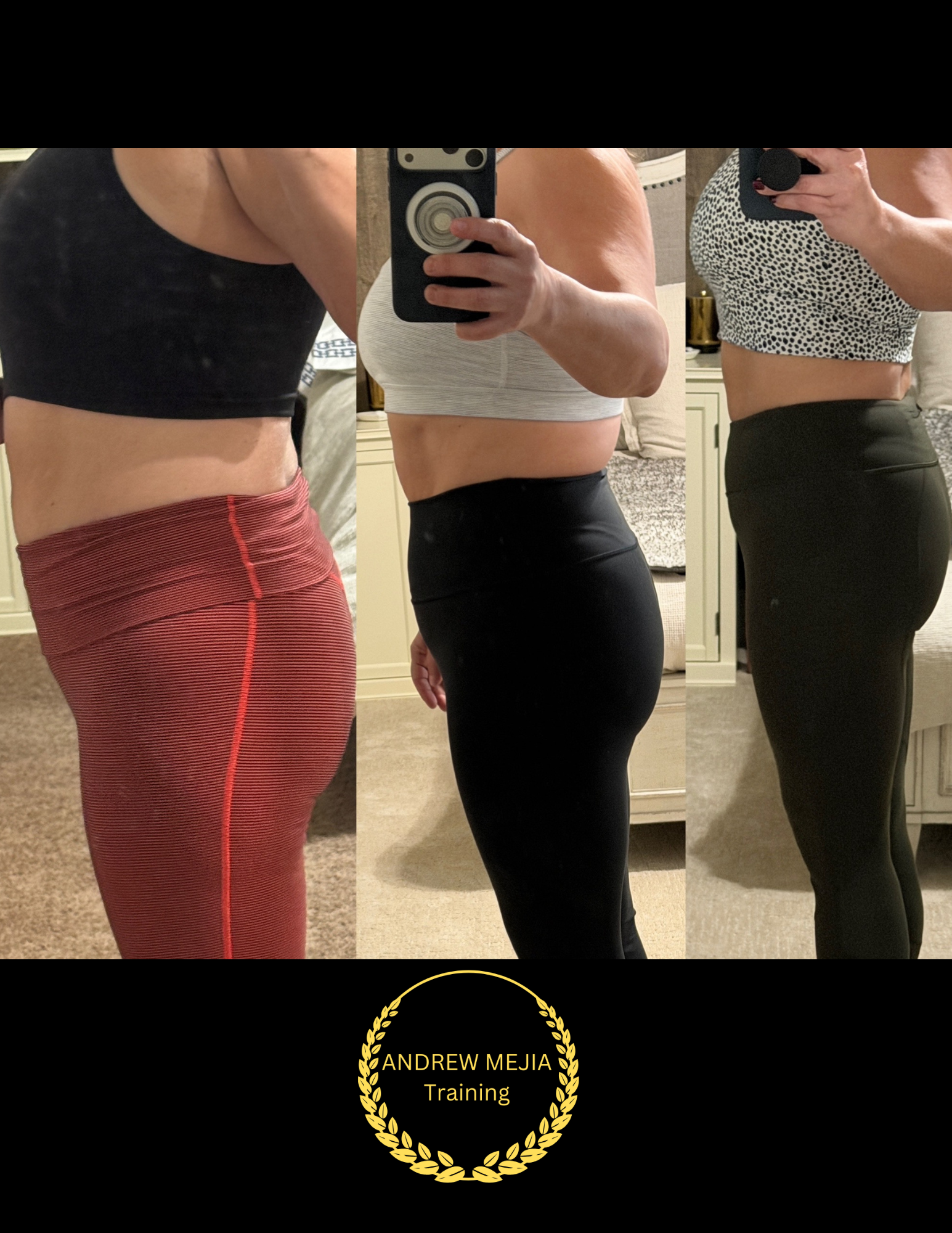 Progress photos of a woman's midsection showing fitness transformation over time, with a fitness award graphic and the text 'Andrew Mejia Training'.