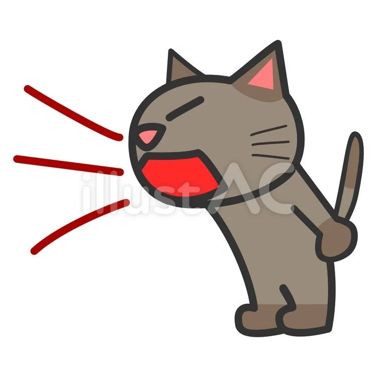 Cartoon gray cat yawning or shouting with red lines indicating loud noise.