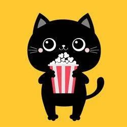 Cartoon black cat holding a striped popcorn bucket, against a yellow background.