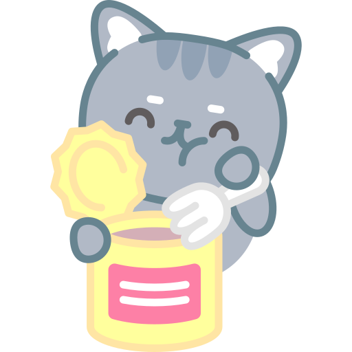 Cute gray cartoon kitten with white paws and ears opening a can of food, holding a gold coin, and smiling.