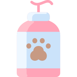 A pink bottle with a paw print on the front and a pump dispenser on top.