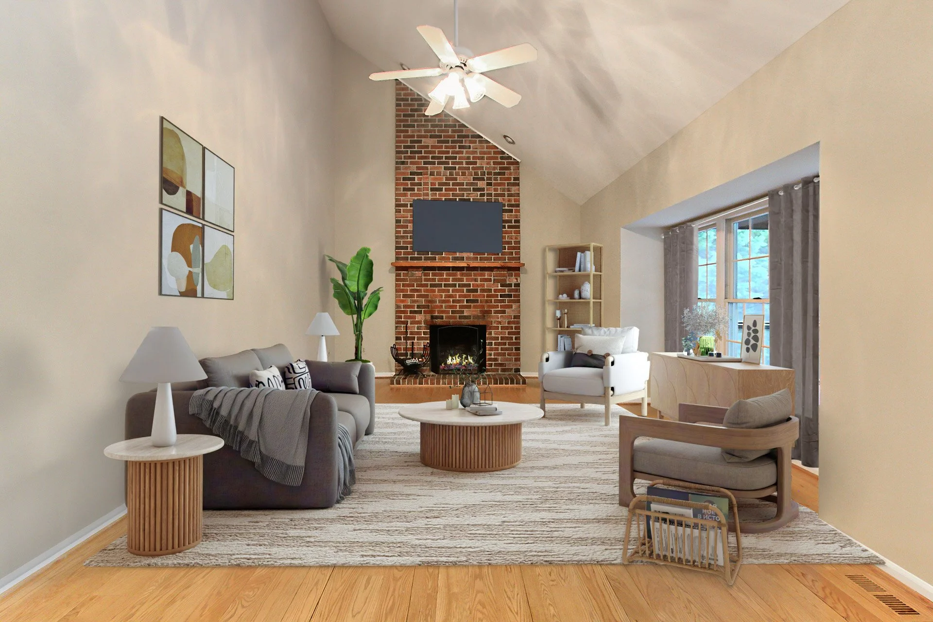 Living room with a brick fireplace, ceiling fan, beige walls, and natural light from large window with sheer curtains. Furniture includes a gray sofa with two lamps, a white armchair, and a wooden chair, all on a cream rug.