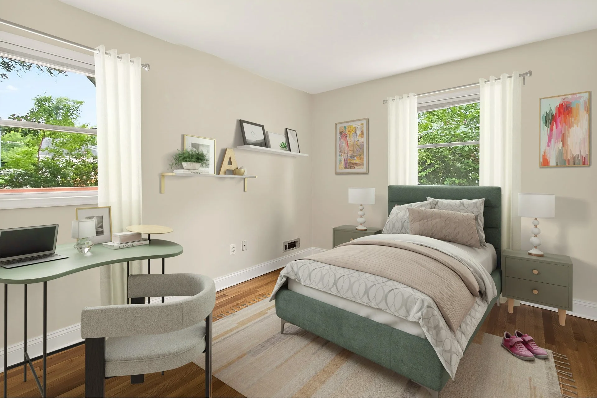 Bedroom with a bed, two nightstands with lamps, two large windows with white curtains, artwork on the walls, a desk with a laptop, a chair, and sneakers on the floor.