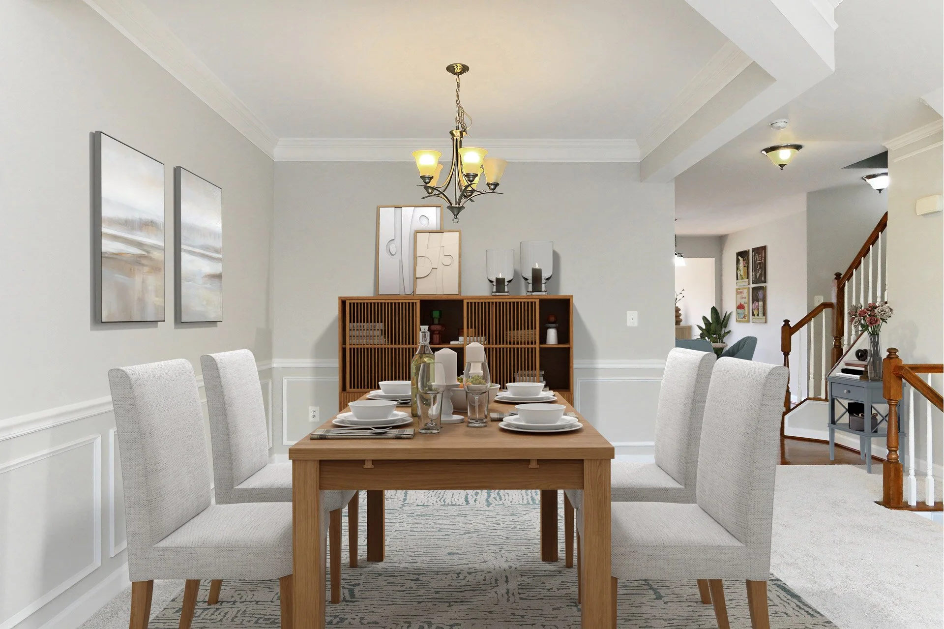 Dining room with a wooden table set with white dishes, six upholstered chairs, a wooden sideboard, and wall art in a modern home.