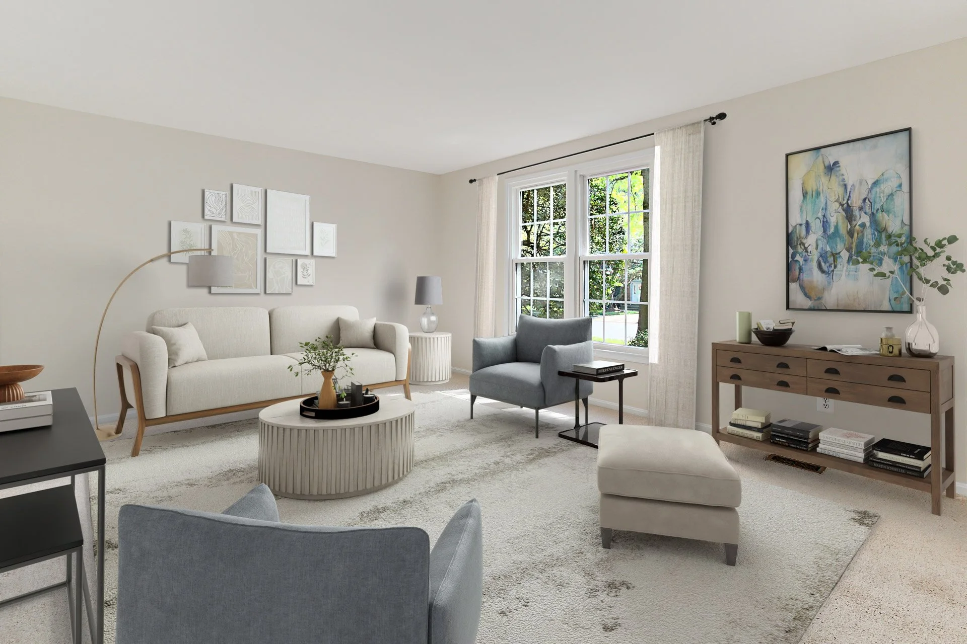 Bright living room with beige walls, white sofa, gray armchair, light wood furniture, wall art, and large windows with white curtains, styled with plants and decorative objects.