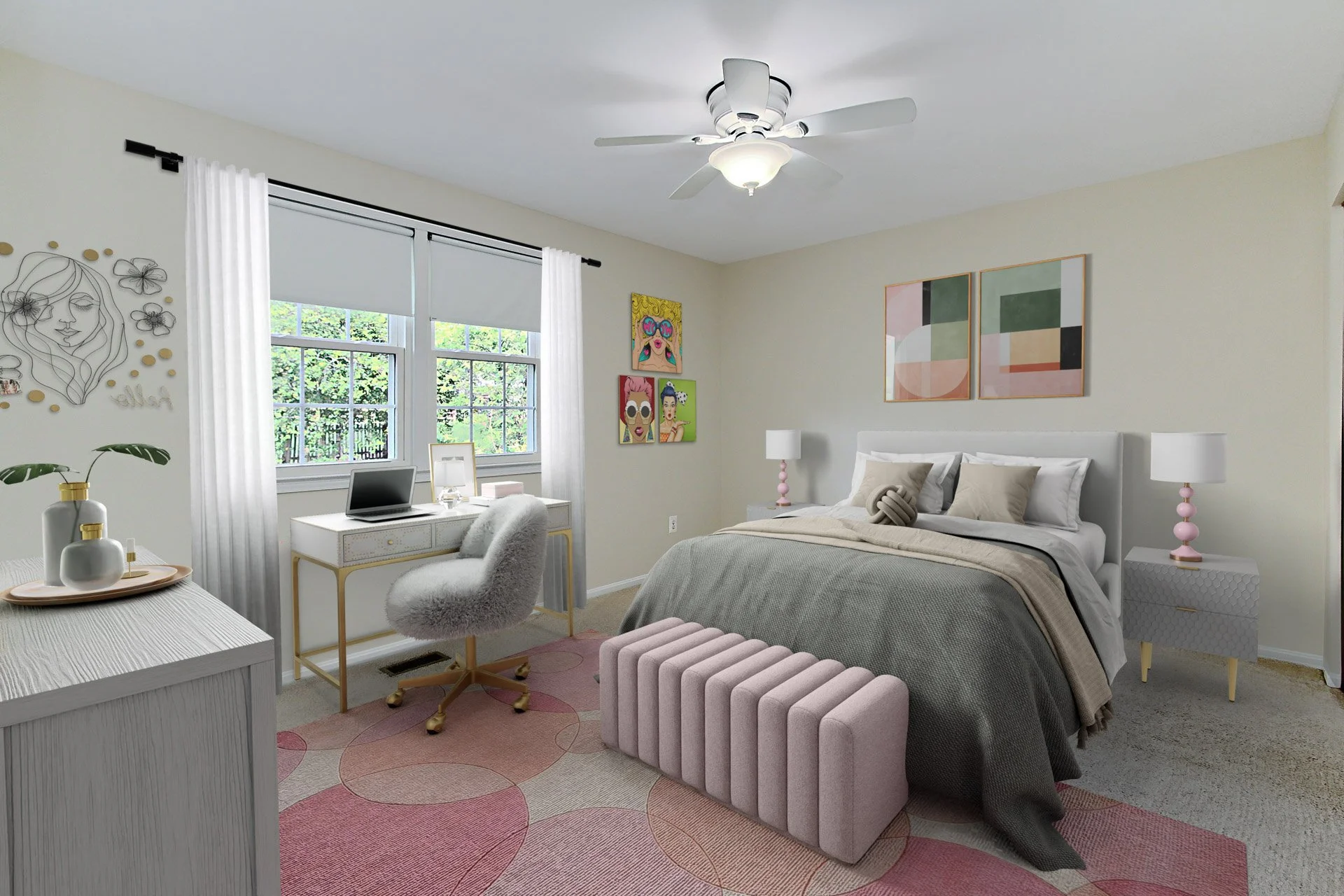 A bedroom with white walls, a large window with white curtains, a bed with beige and white bedding, pink lamps on white side tables, colorful artwork on the walls, a pink and beige circular patterned rug, and a vanity with a fluffy white chair.