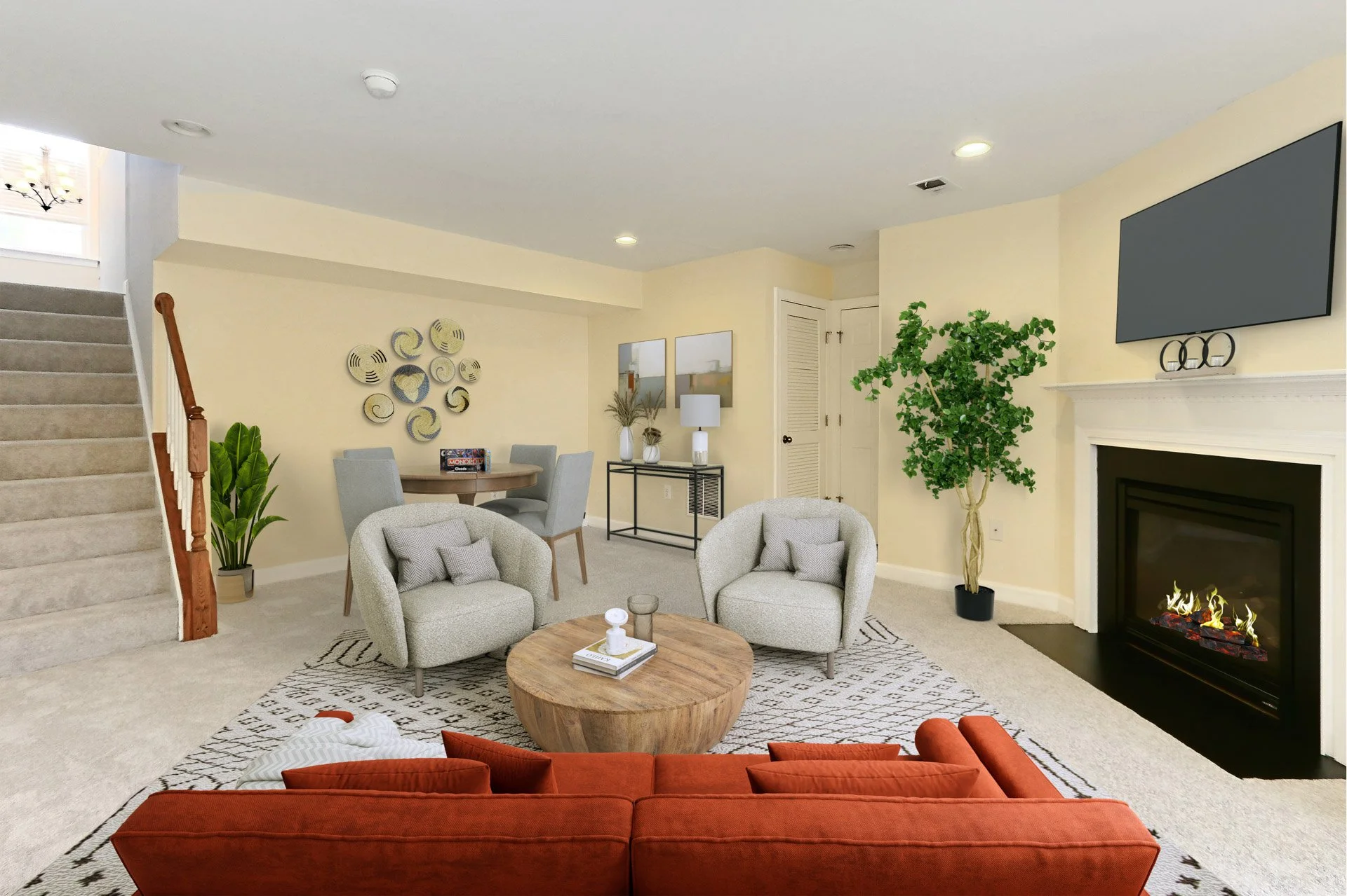 Living room with beige walls, a fireplace, a large television, two light gray armchairs, a round wooden coffee table, a red sofa, a dining table with four chairs, decorative art on the wall, indoor plants, a side table with lamps, and a staircase wit