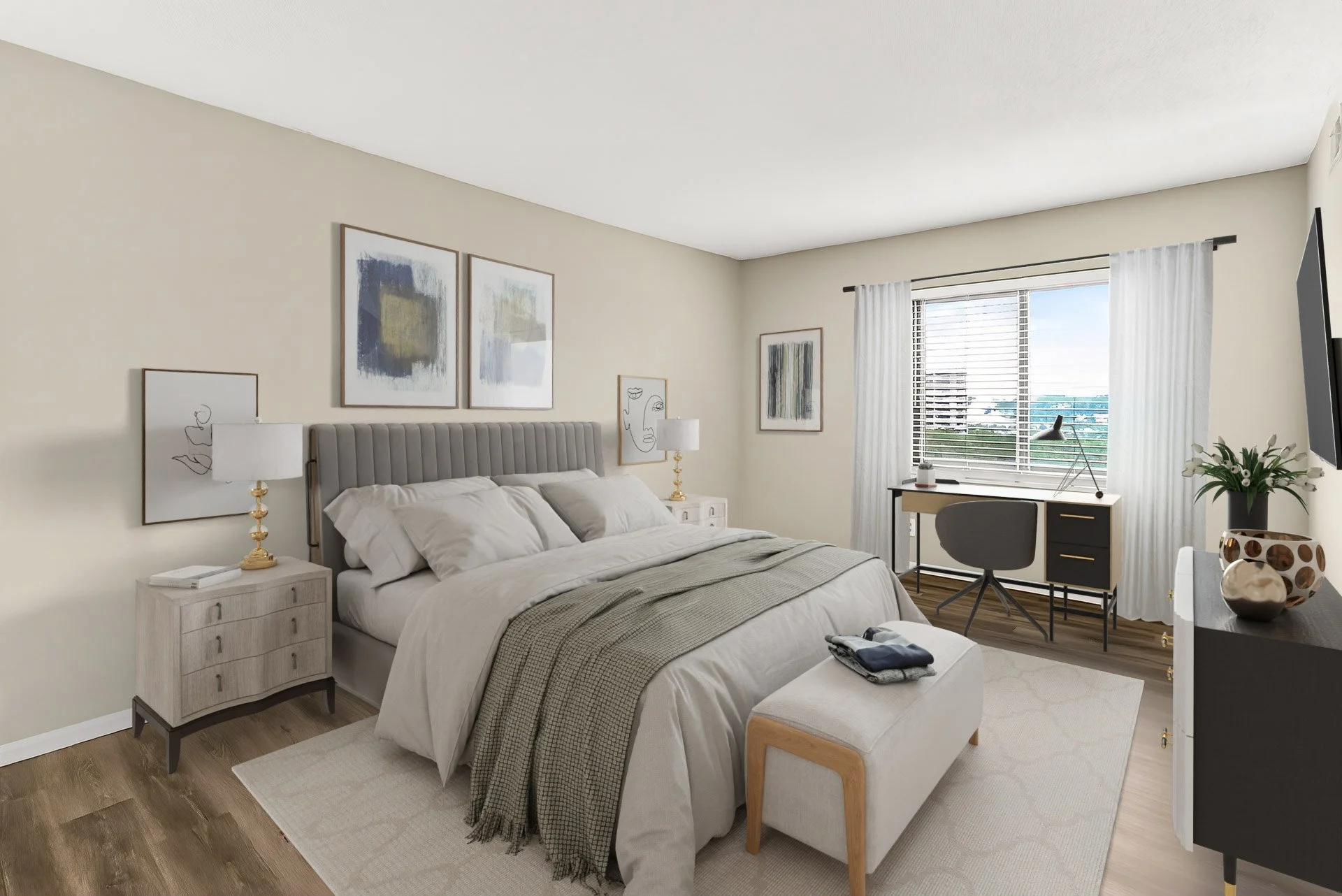 A modern bedroom with a large bed, nightstands with lamps, framed abstract art on the wall, a window with blinds and curtains, a desk with a chair, a television, and decorative plants and vases.