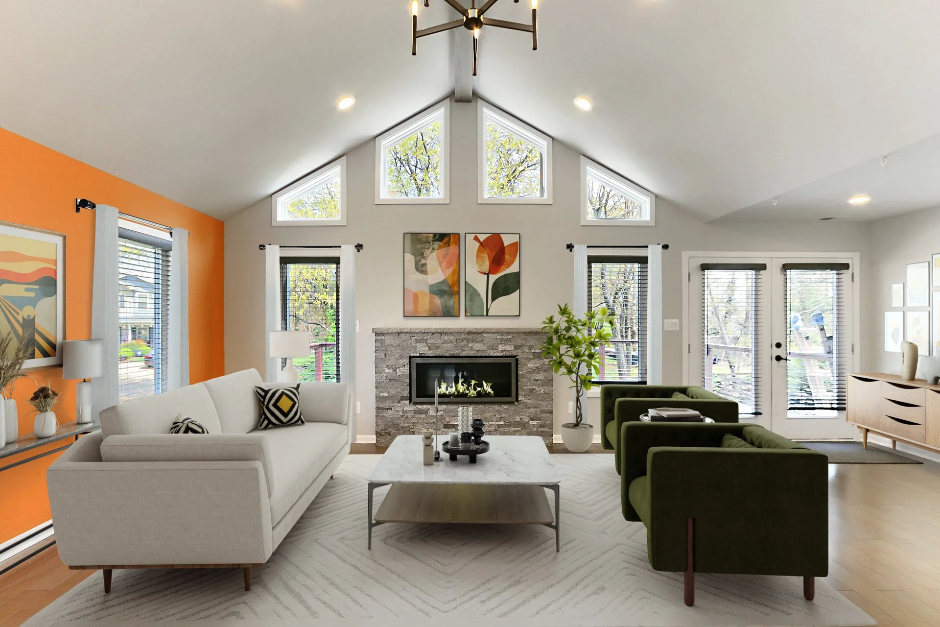 Living room with a white sofa, green armchairs, a marble coffee table, a stone fireplace, and large windows with white curtains in a bright, modern home.