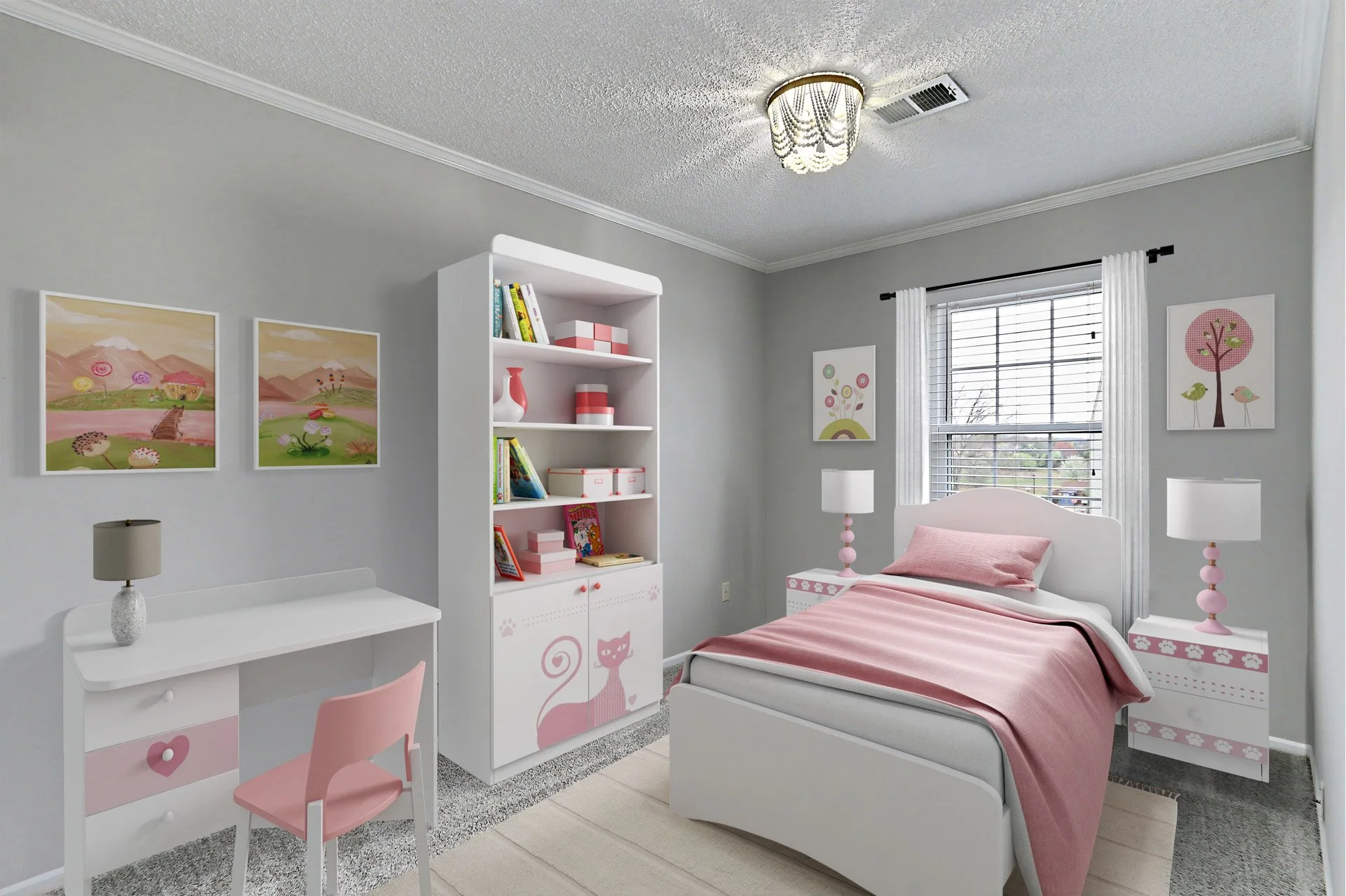 A child's bedroom with light gray walls, a white bed with pink bedding, white nightstands with pink lamps, a white bookshelf with pink and white decor, a white desk with a pink chair, and colorful wall art with pink, green, and yellow themes.
