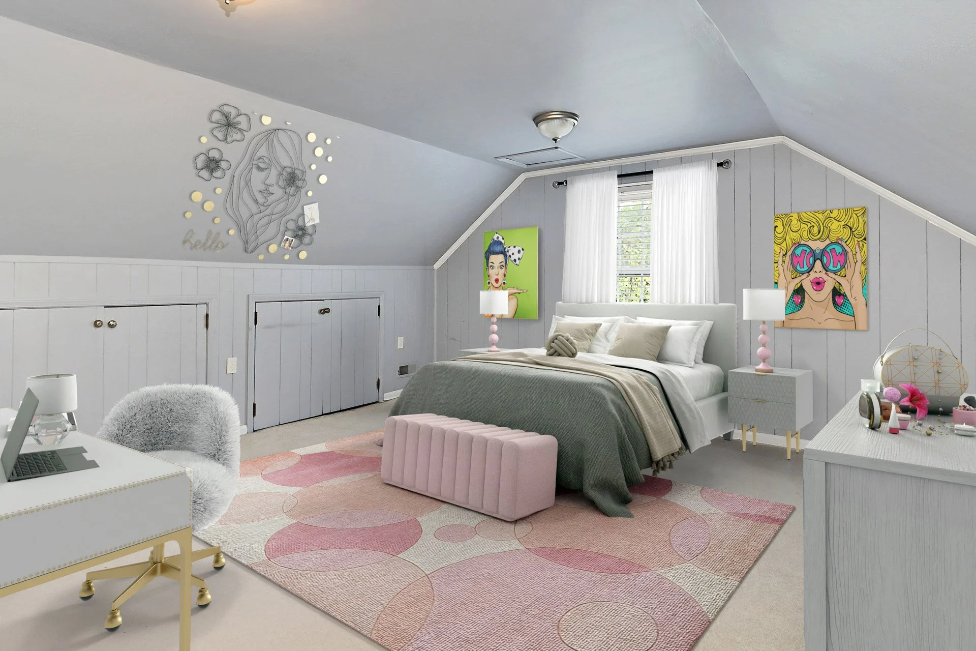 A cozy bedroom with a sloped ceiling, painted in light gray, featuring a bed with white, beige, and gray bedding, two bedside tables with pink lamps, colorful pop art paintings on the wall, a pink ottoman at the foot of the bed, a white desk with a l