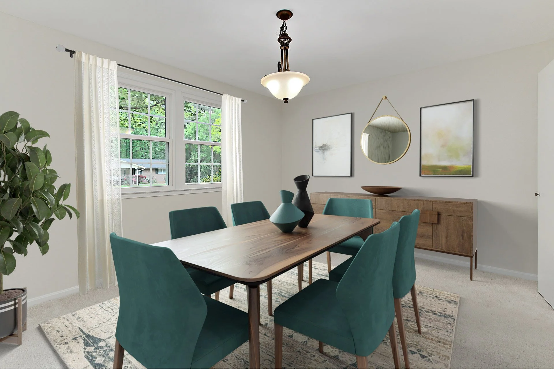 Dining room with wooden table, six teal chairs, a large window with white curtains, a wooden sideboard, abstract wall art, a round mirror, and a hanging light fixture.