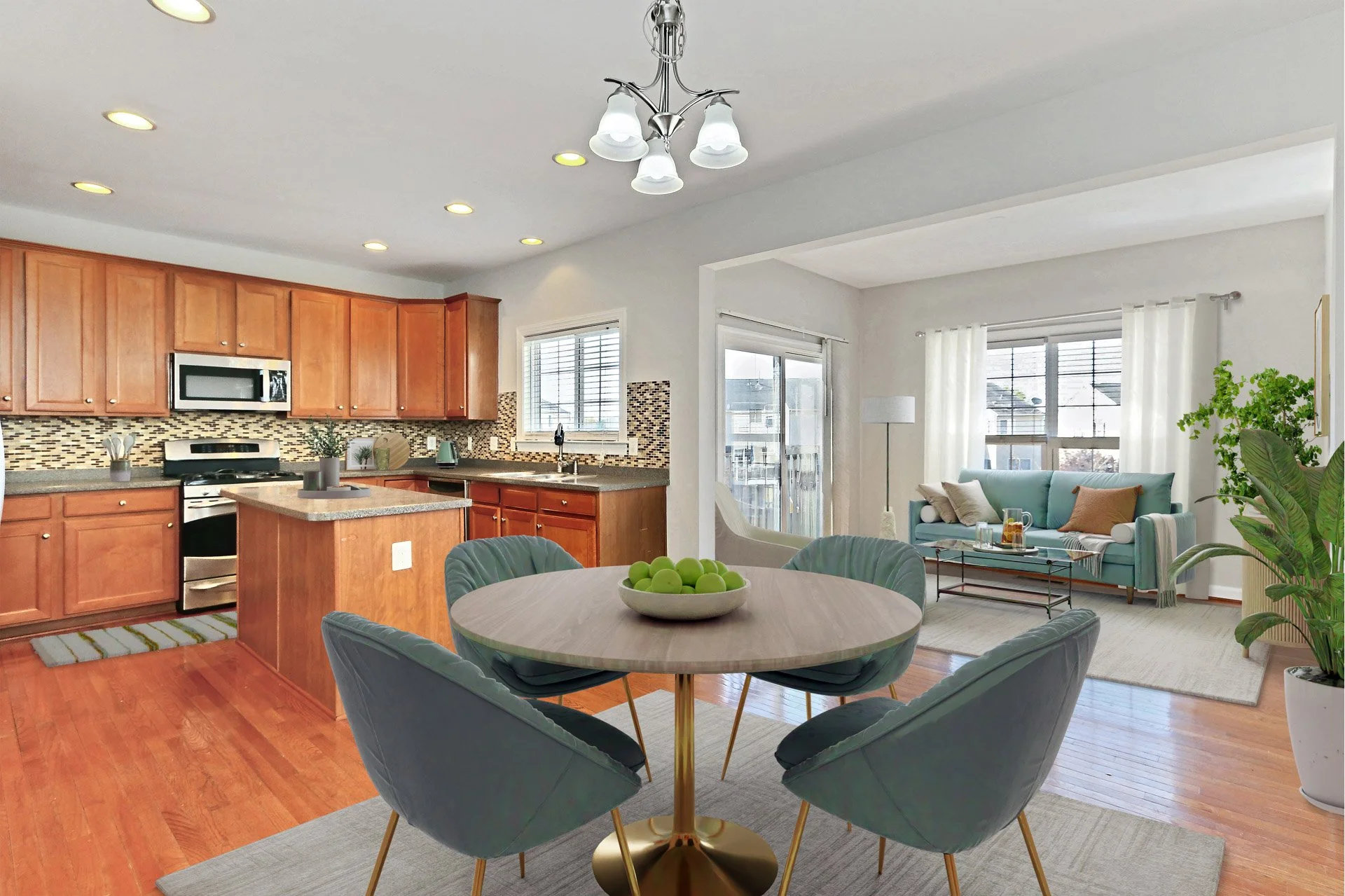 Open-concept kitchen and living room with hardwood floors, wooden cabinets, small kitchen island, dining table with six chairs, turquoise sofa, large window with white curtains, potted plant, and sliding glass door to an outdoor area.