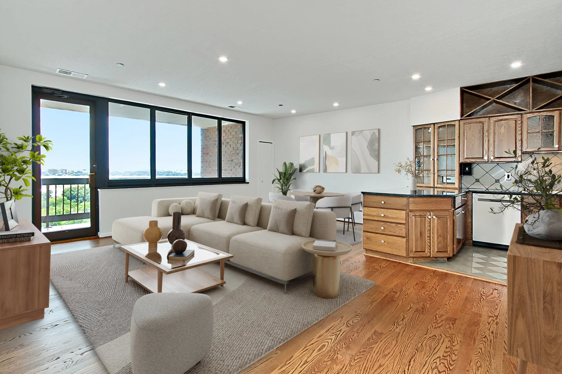 Open-concept living room and kitchen with large windows, beige sofa, wooden furniture, and artwork.