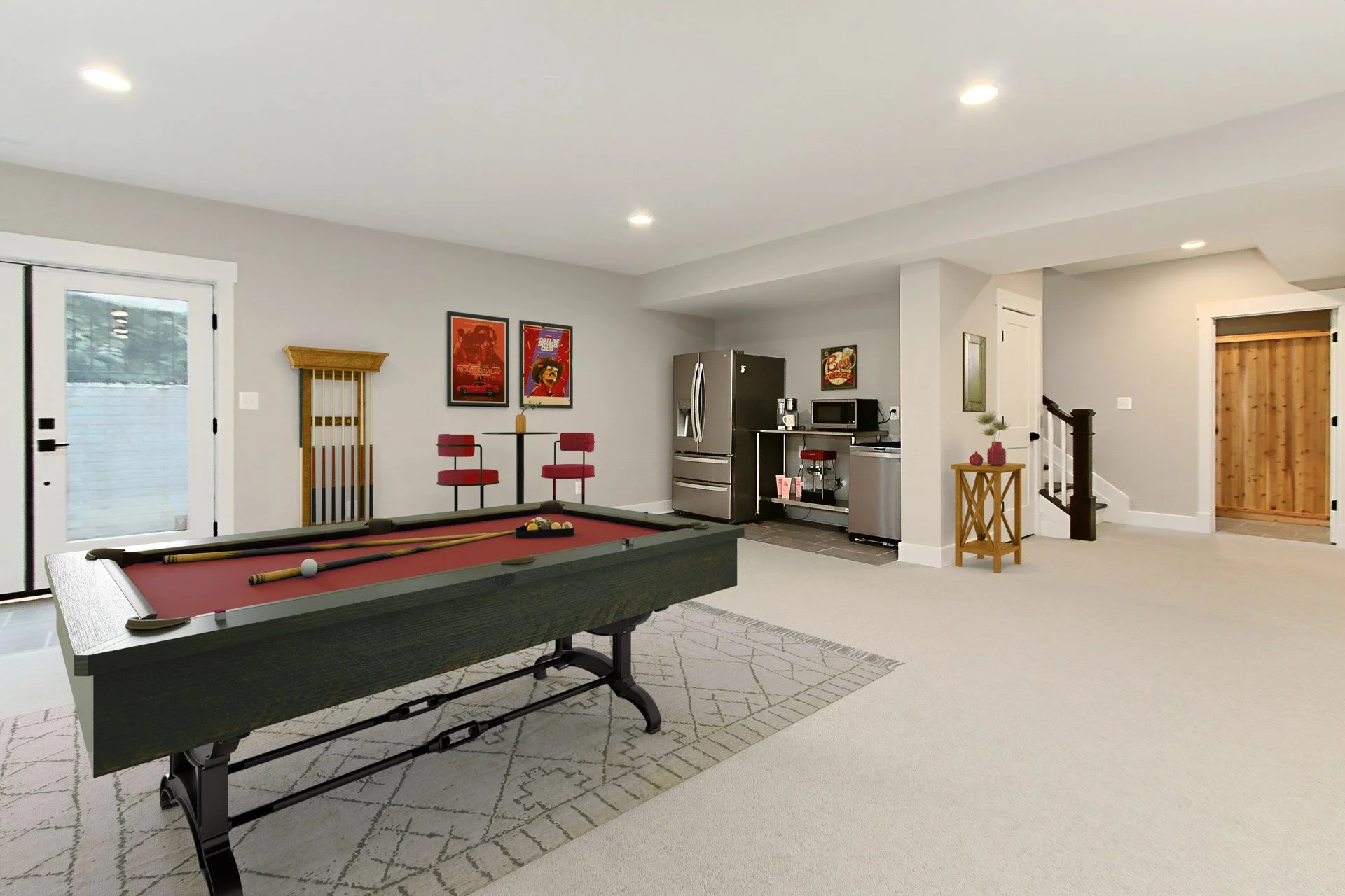 Basement game room with pool table, kitchenette, and staircase