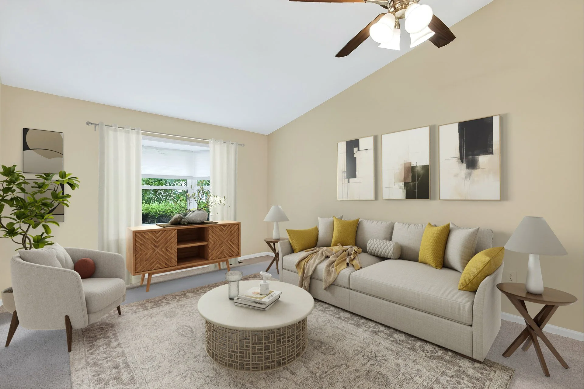 Living room with beige walls, white sofa with yellow pillows, armchair, wooden side tables, abstract wall art, vintage style rug, and a wooden TV console near window with white curtains