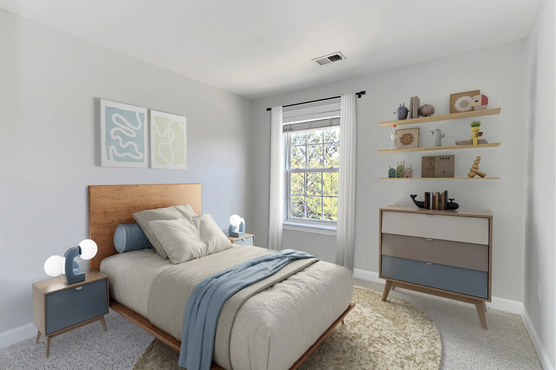 Bright bedroom with a wooden bed frame, beige bedding, and blue accents. Two matching blue nightstands with modern lamps. A window with white curtains lets in natural light, revealing green trees outside. A beige rug covers part of the carpeted floor