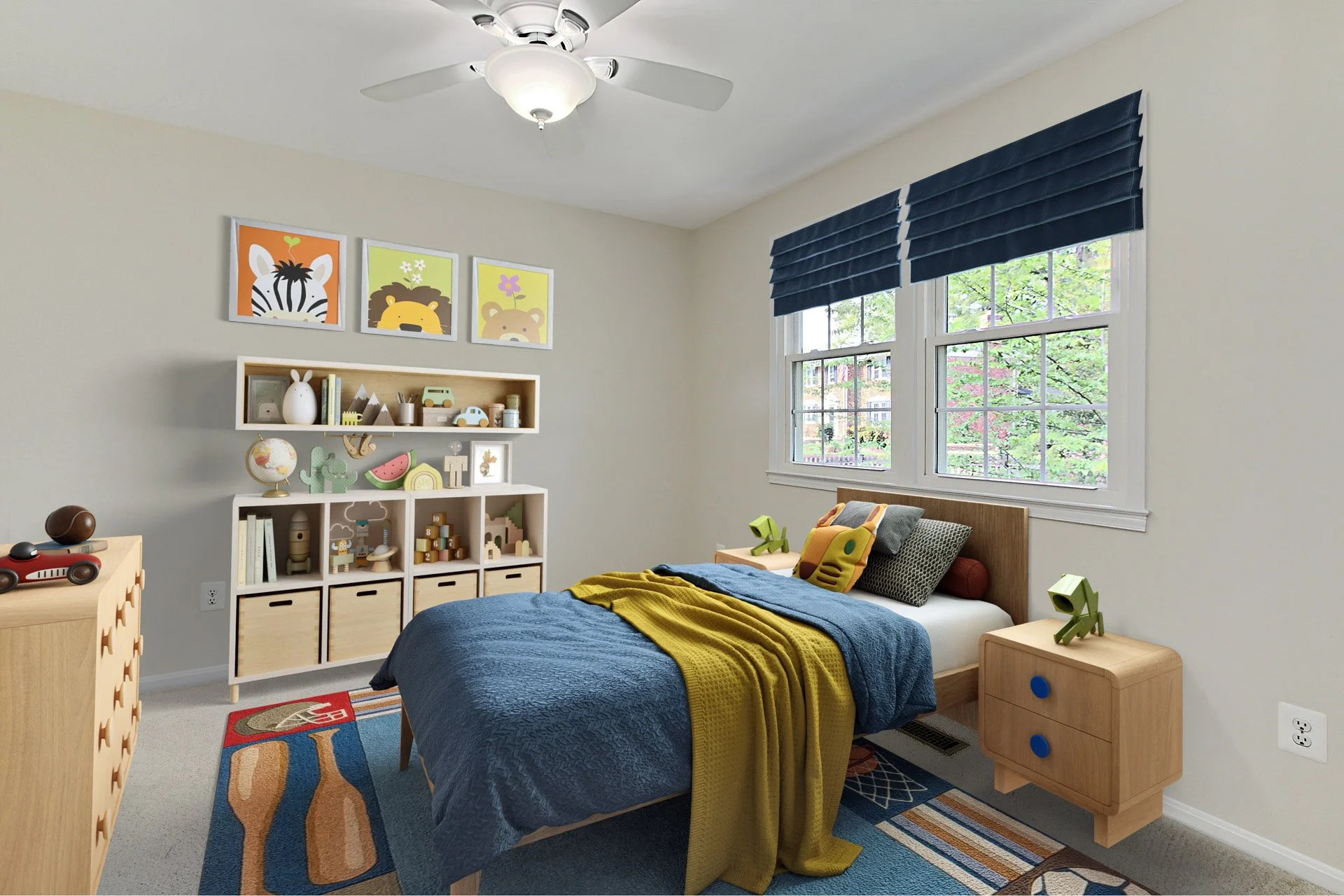 A children's bedroom with a bed, nightstand, bookshelf, and window. Decor includes animal-themed artwork, toys, and pillows.