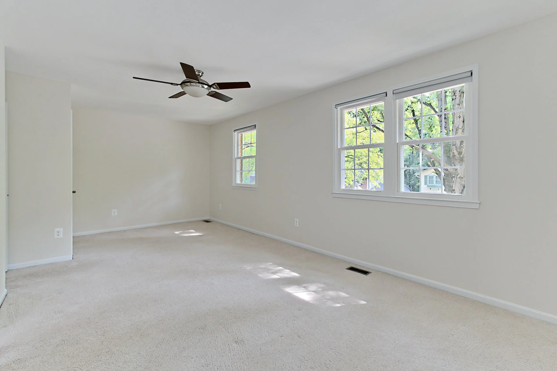 Empty living room with beige carpet, three windows with white trim, a ceiling fan, and white walls.
