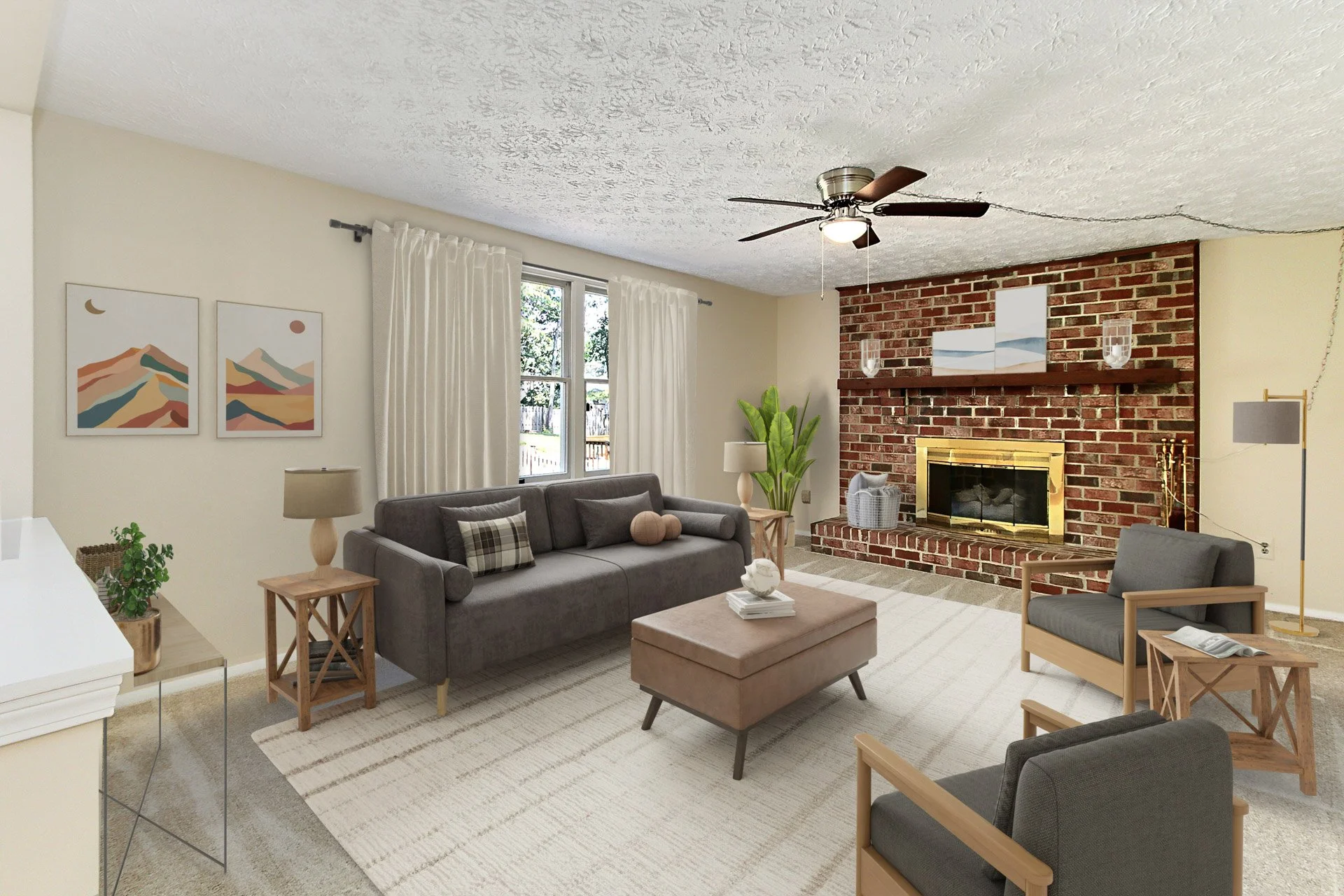 Living room with beige walls, a brick fireplace with gold trim, a ceiling fan, and various chairs and tables with decorative pillows and plants.