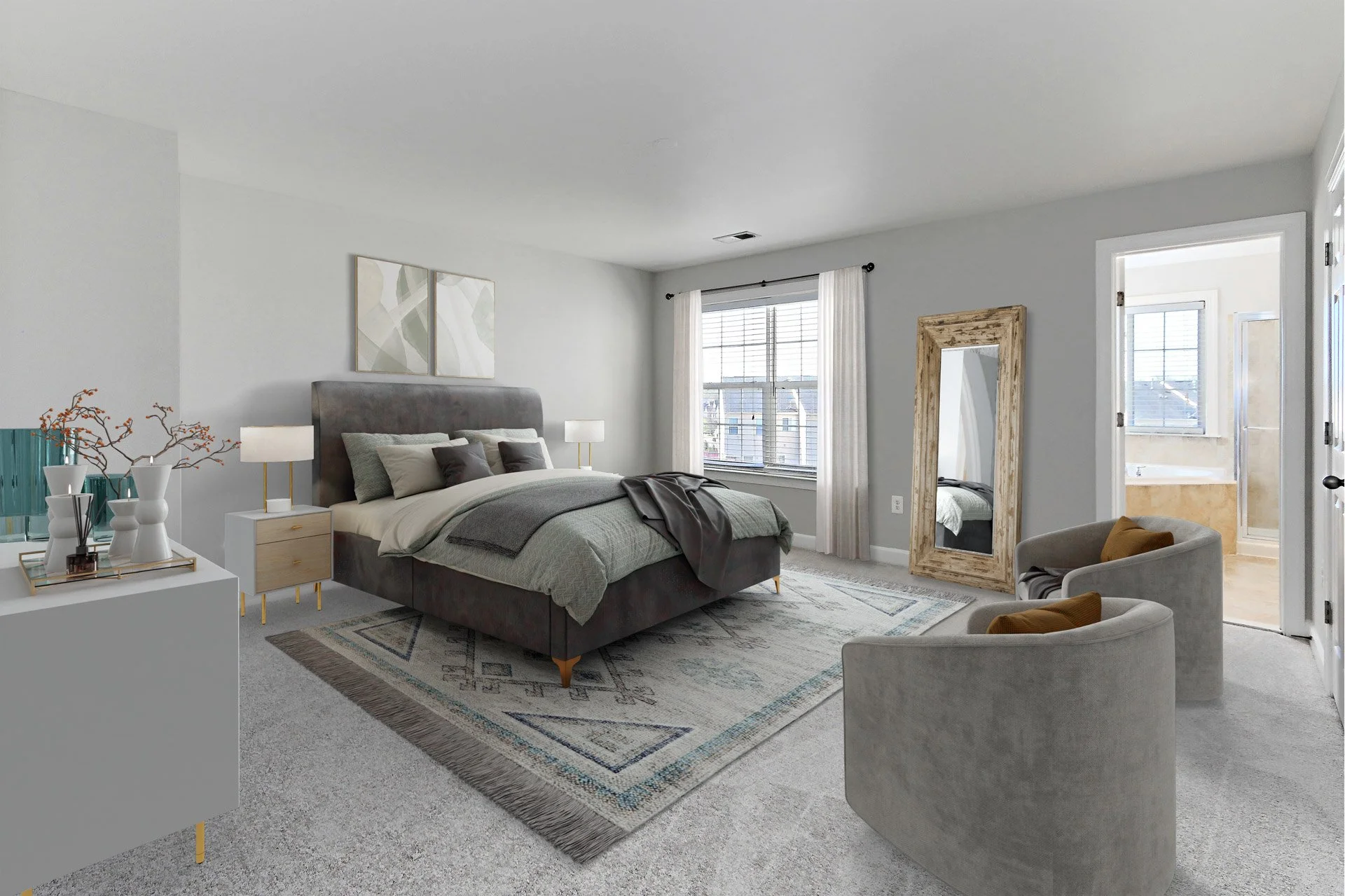 Modern bedroom with a large bed, two nightstands with lamps, a mirror, a chair, a window with curtains, and a bathroom visible through an open door.