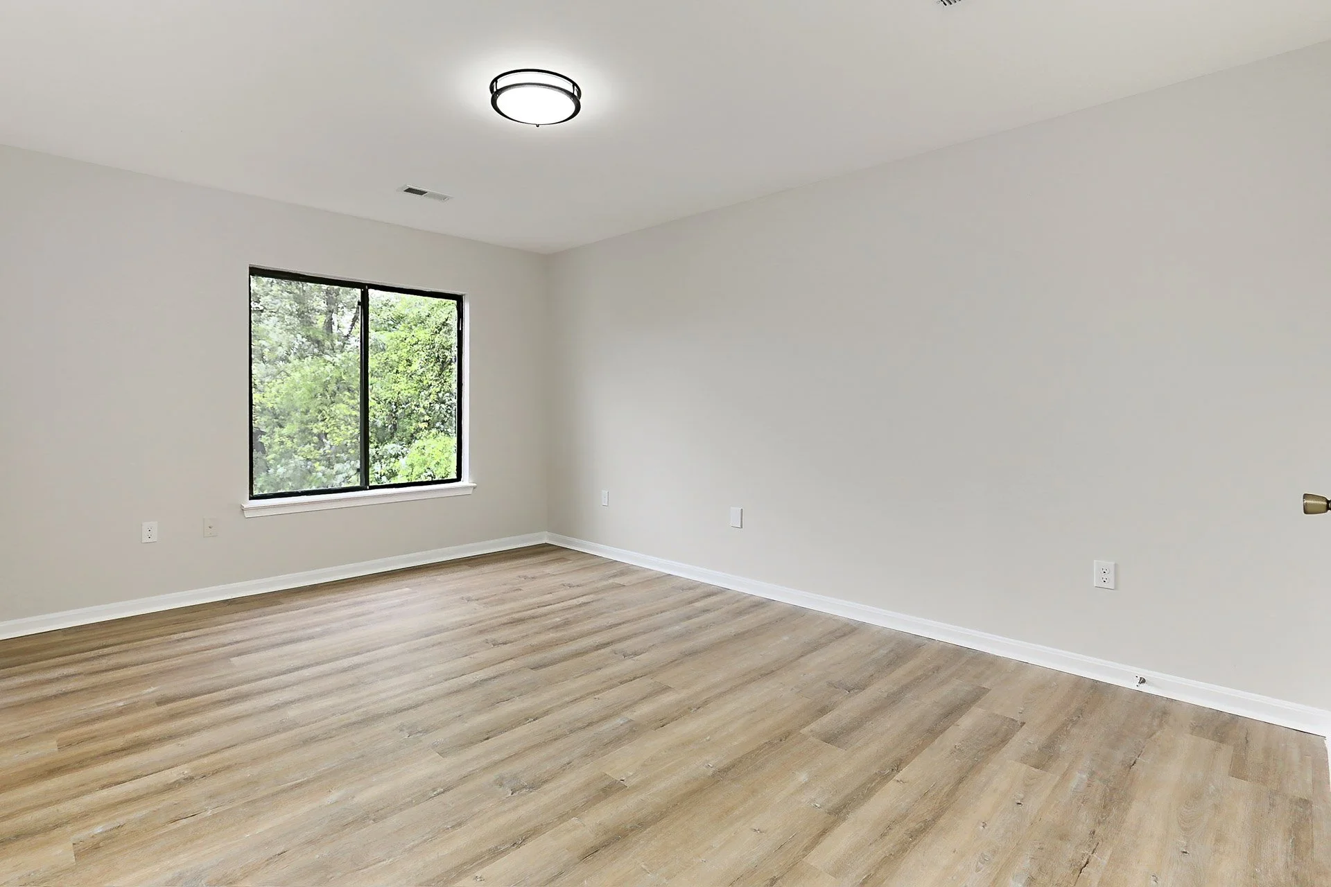 Empty room with beige walls, wood plank flooring, a large window, and a ceiling light fixture.