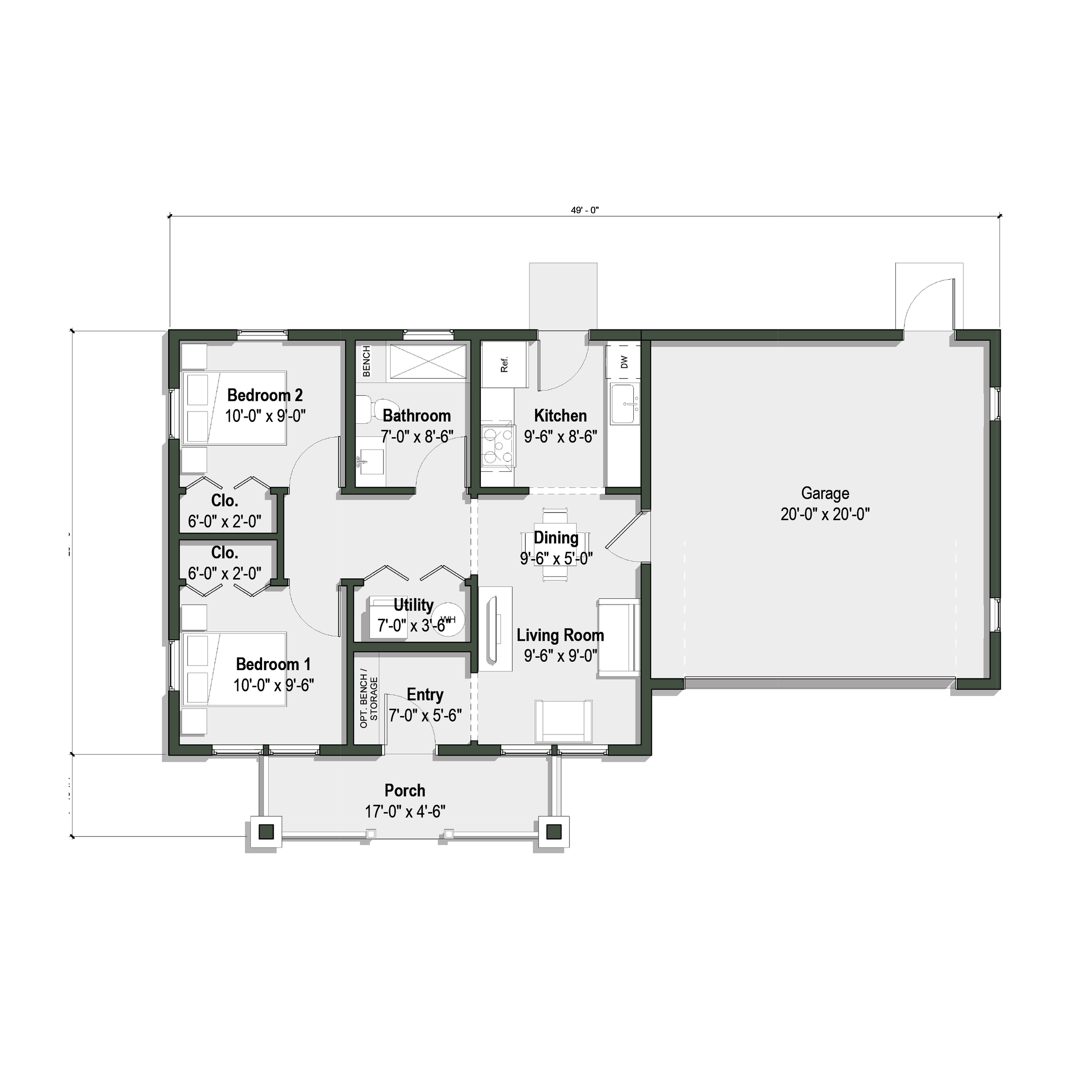 floor plan of The Wagner ADU with attached two car garage