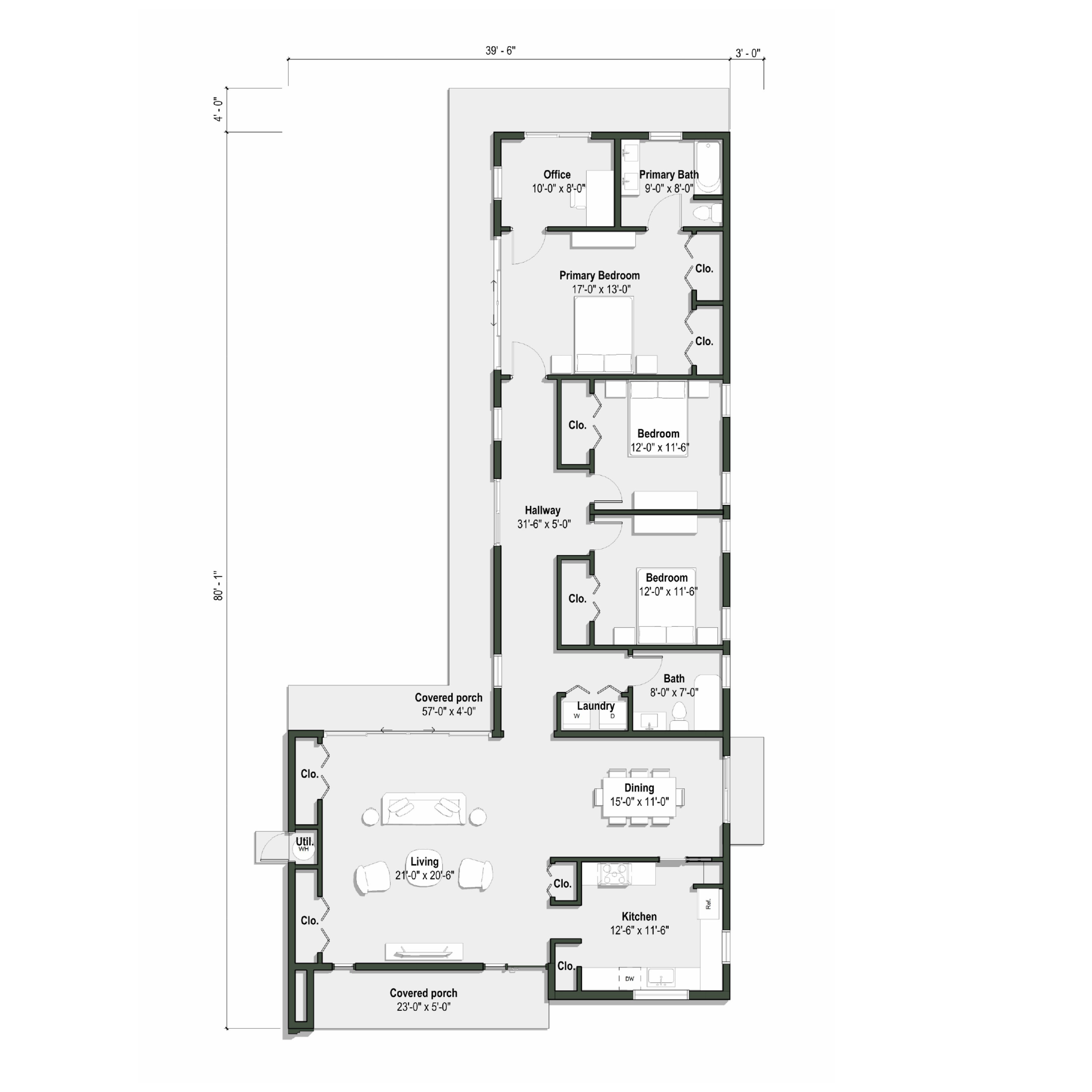 The Ellwood I floor plan has 3 bedrooms and 2 bathrooms. No attached garage, but a detached garage is optional.