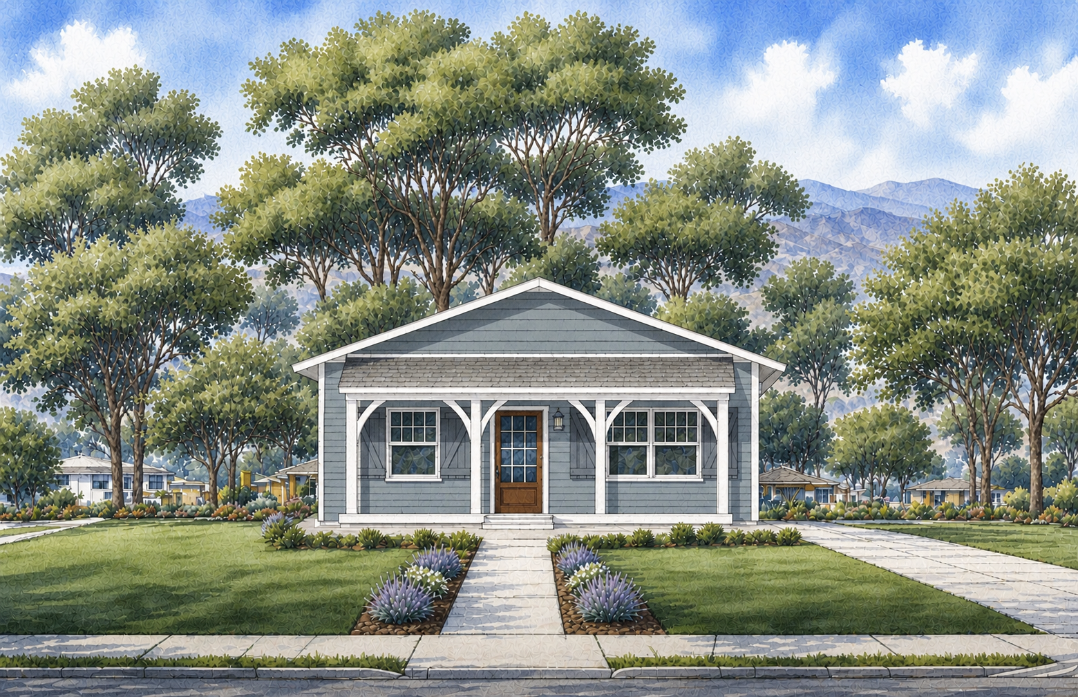 A blue house with a front porch, a wooden door, and white windows, surrounded by a well-maintained lawn, flower beds, and large trees under a partly cloudy sky.