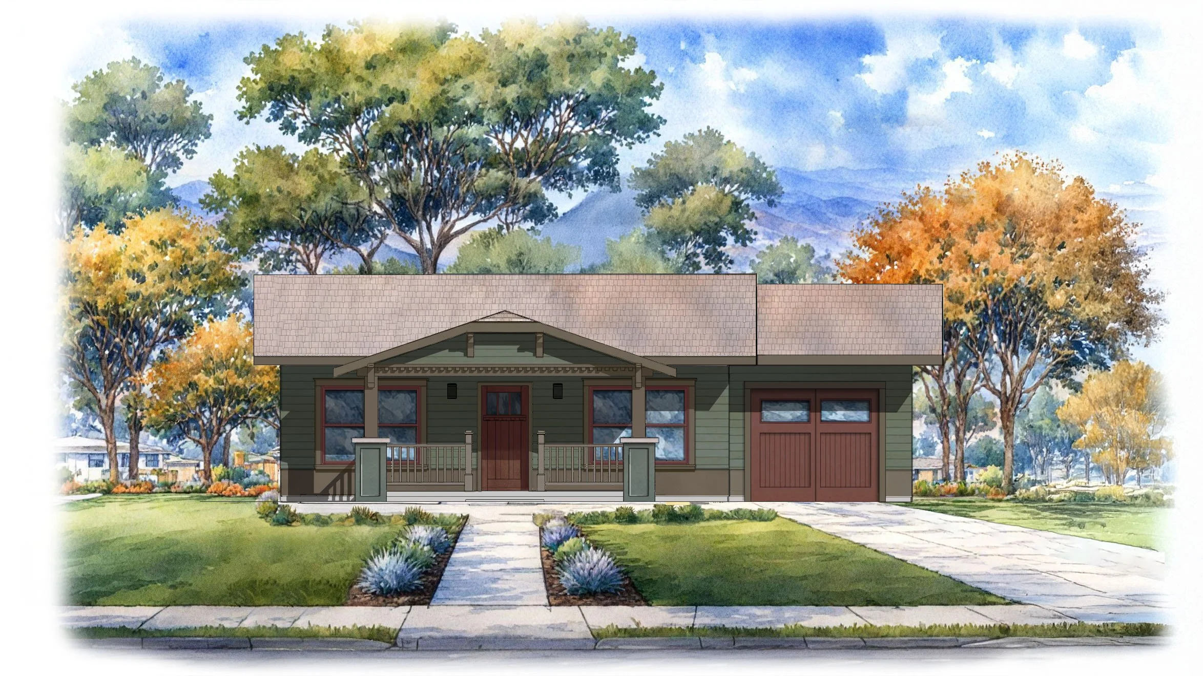 front elevation render of The Wagner ADU with attached one car garage