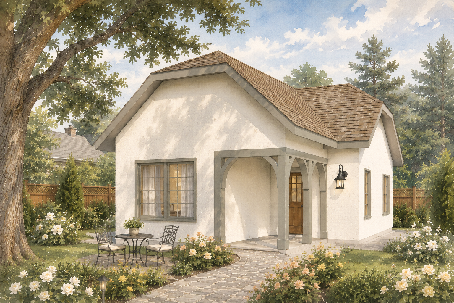 A cozy white house with a brown shingle roof, surrounded by a well-maintained garden with blooming white and yellow roses, small trees, and outdoor furniture under a blue sky with scattered clouds.