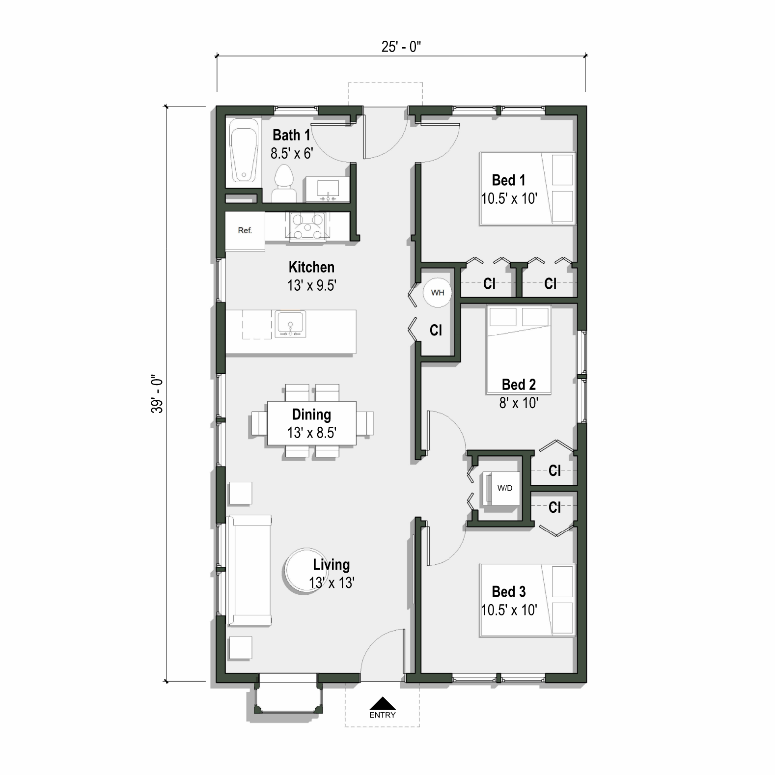The Delaware floor plan has 3 bedrooms and 1 full bathroom