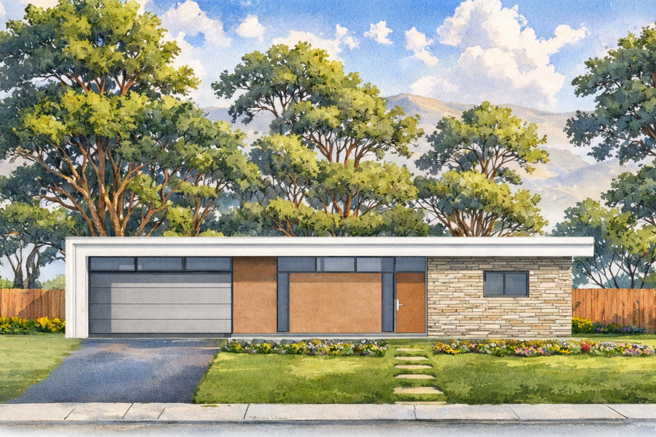 A modern single-story house with a flat roof, a garage door, a wooden front door, a small window, and a landscaped yard with flower beds, tall trees, and a mountain in the background.