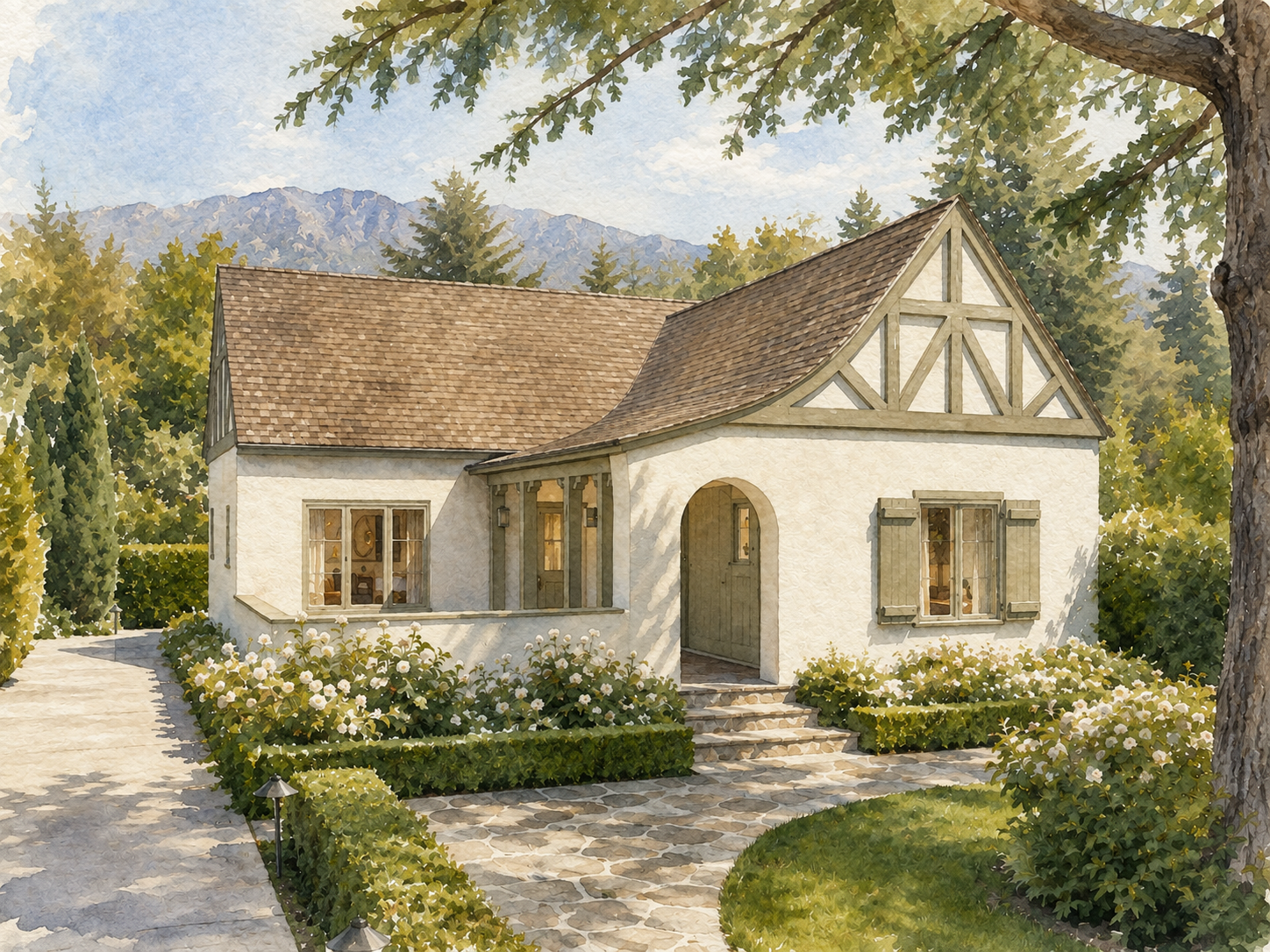 A watercolor painting of a charming cottage with white walls, a brown shingled roof, and green shutters, surrounded by lush greenery and garden flowers, with mountains in the background.
