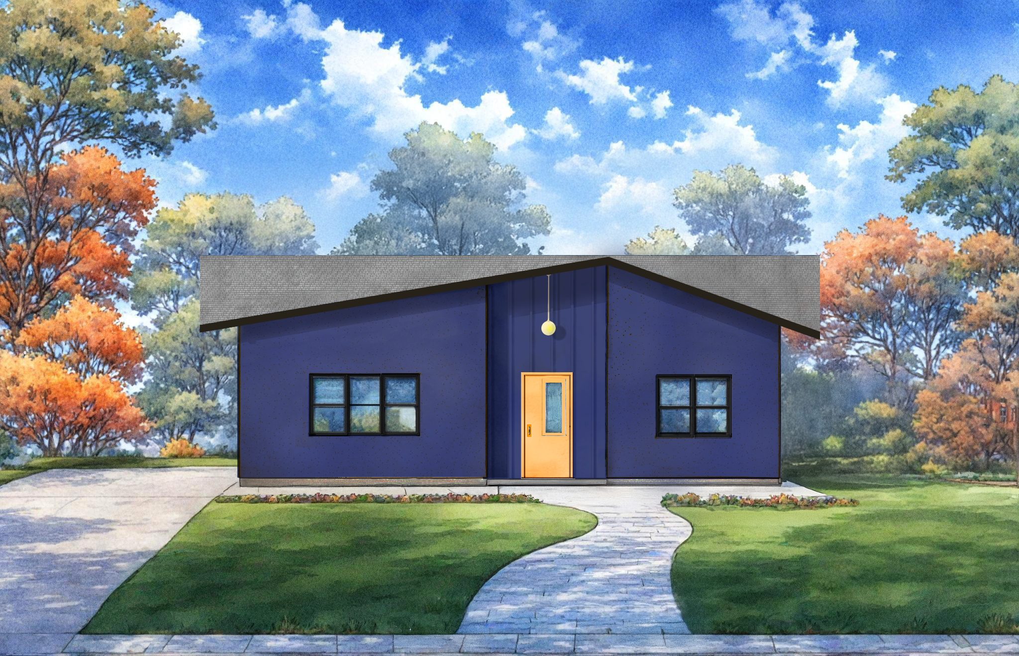 Digital illustration of a modern house with a sloped roof, painted dark blue, with a yellow front door, large windows, set in a landscaped yard with a curved pathway, surrounded by trees with autumn-colored leaves, under a sky with scattered clouds.
