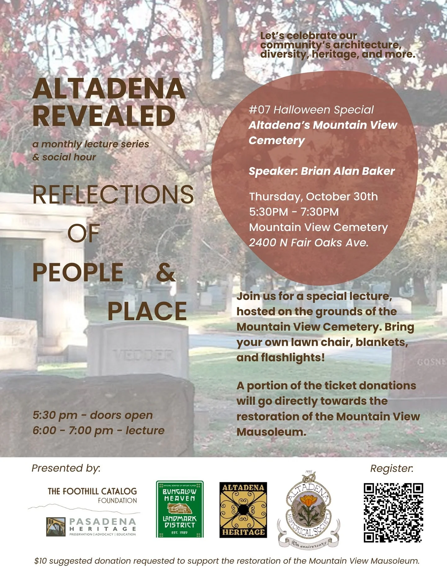 October’s Altadena Revealed (Halloween Special) is in just under two weeks! Join us on Halloween-eve for a special lecture hosted on the grounds of Altadena’s Mountain View Cemetery. We’ll learn about the cemetery itself, some of th