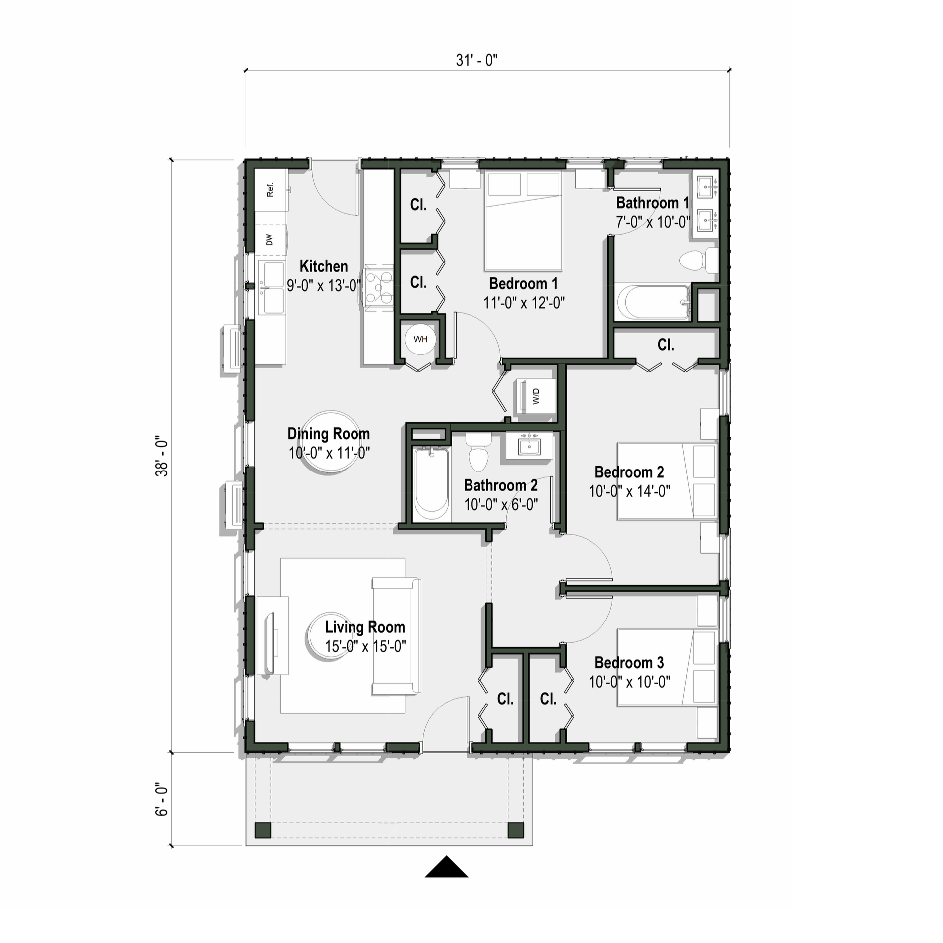 The Glen floor plan has 3 bedrooms and 2 full baths.